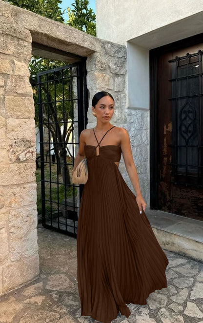 Robe Plissée Unicolore à Bretelles